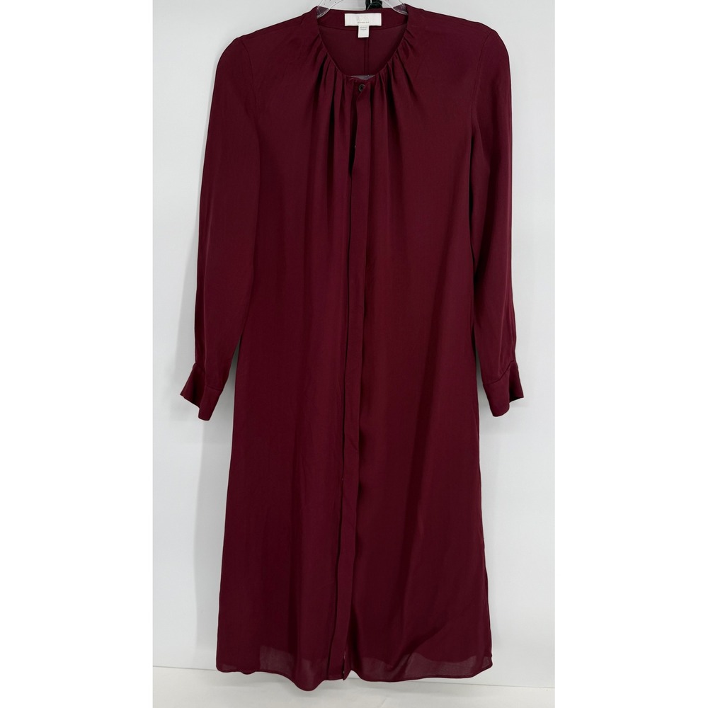 Hugo Boss Womens Burgundy Viscose Pleated Neck Long Sleeve Midi Shirt Dress Sz 4